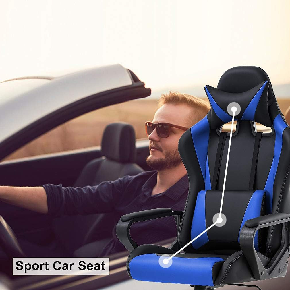 Blue High Back Ergonomic Gaming Chair With Lumbar Support