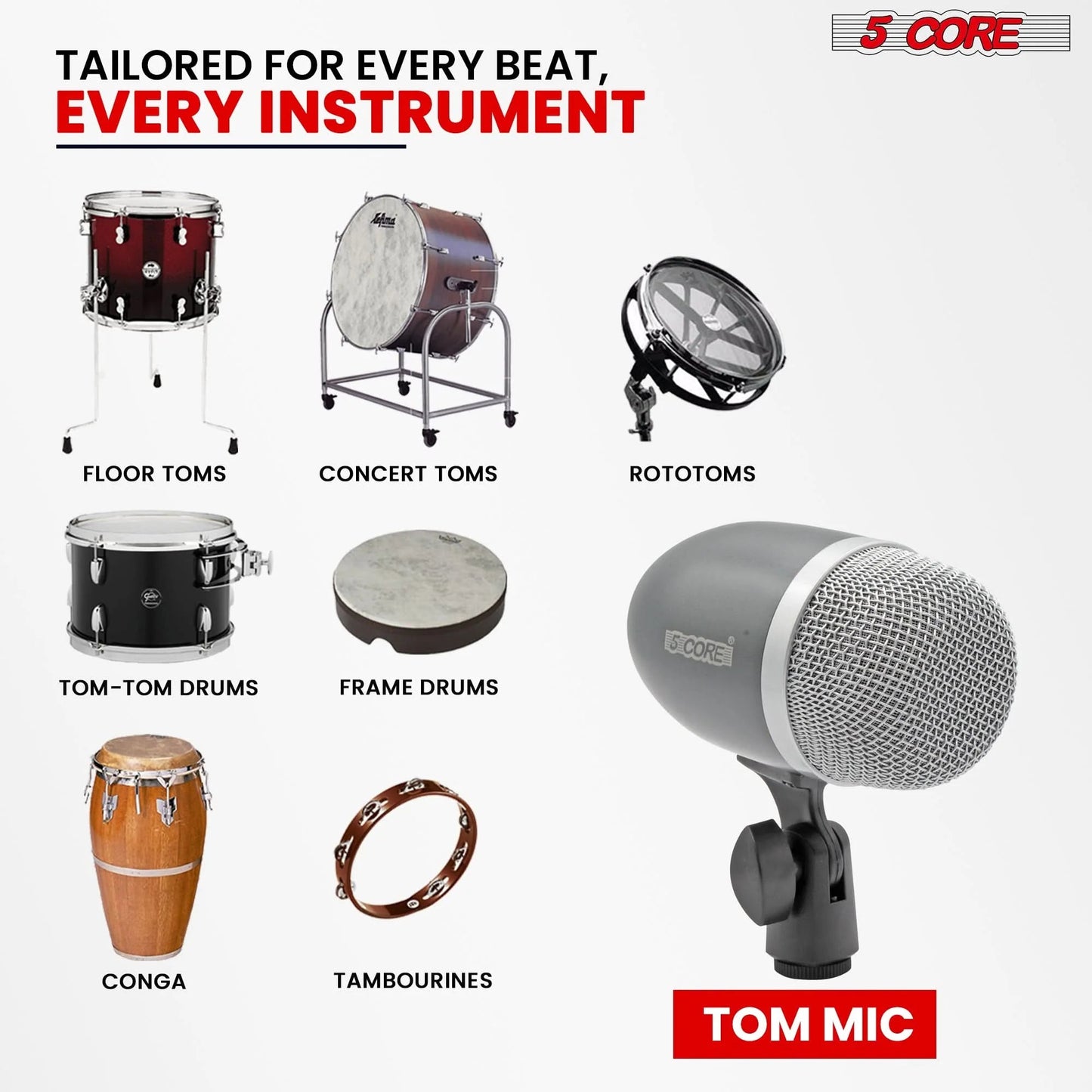 5Core Tom Snare Mic Cardioid Dynamic Microphone for Drum Kit