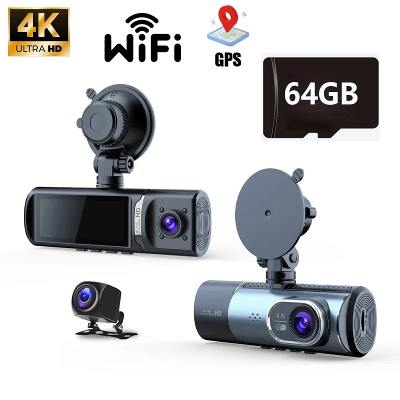 4K UHD 3 Channel Dash Cam with 5G WiFi, Night Vision, GPS & Loop Recording