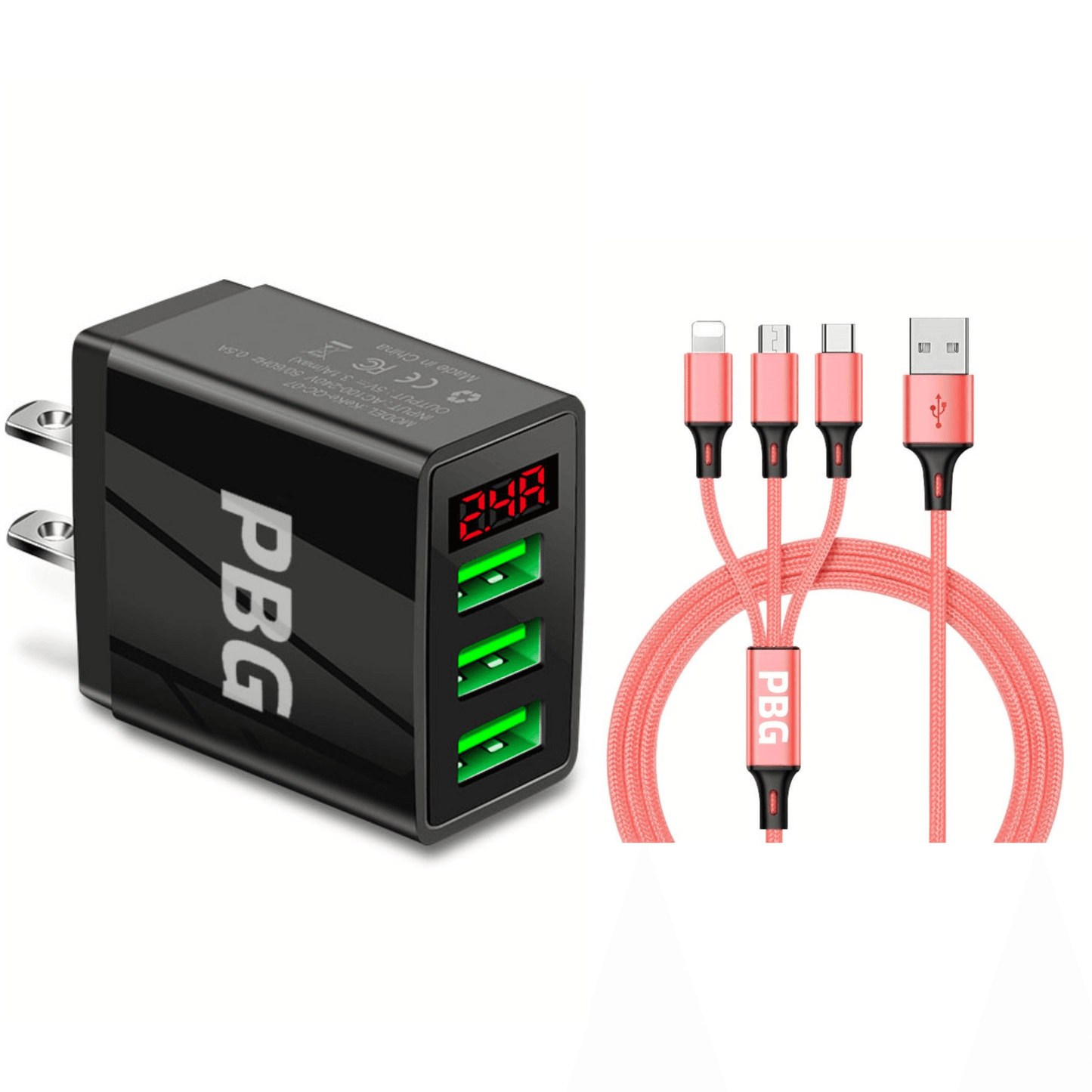 3 port LED Display Wall Charger and 3 in 1 Cable Bundle Red