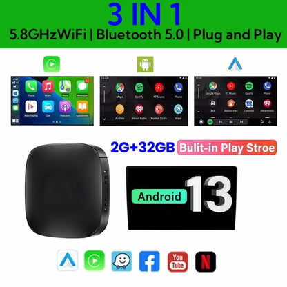 LEXXSON 3-in-1 CarPlay AI Box – Android 13, Wireless Android Auto, USB TV Adapter