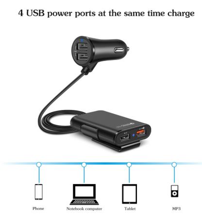 Back Seat Car Charger with 4 USB Ports QC3.0 Fast Charging & Clip Holder