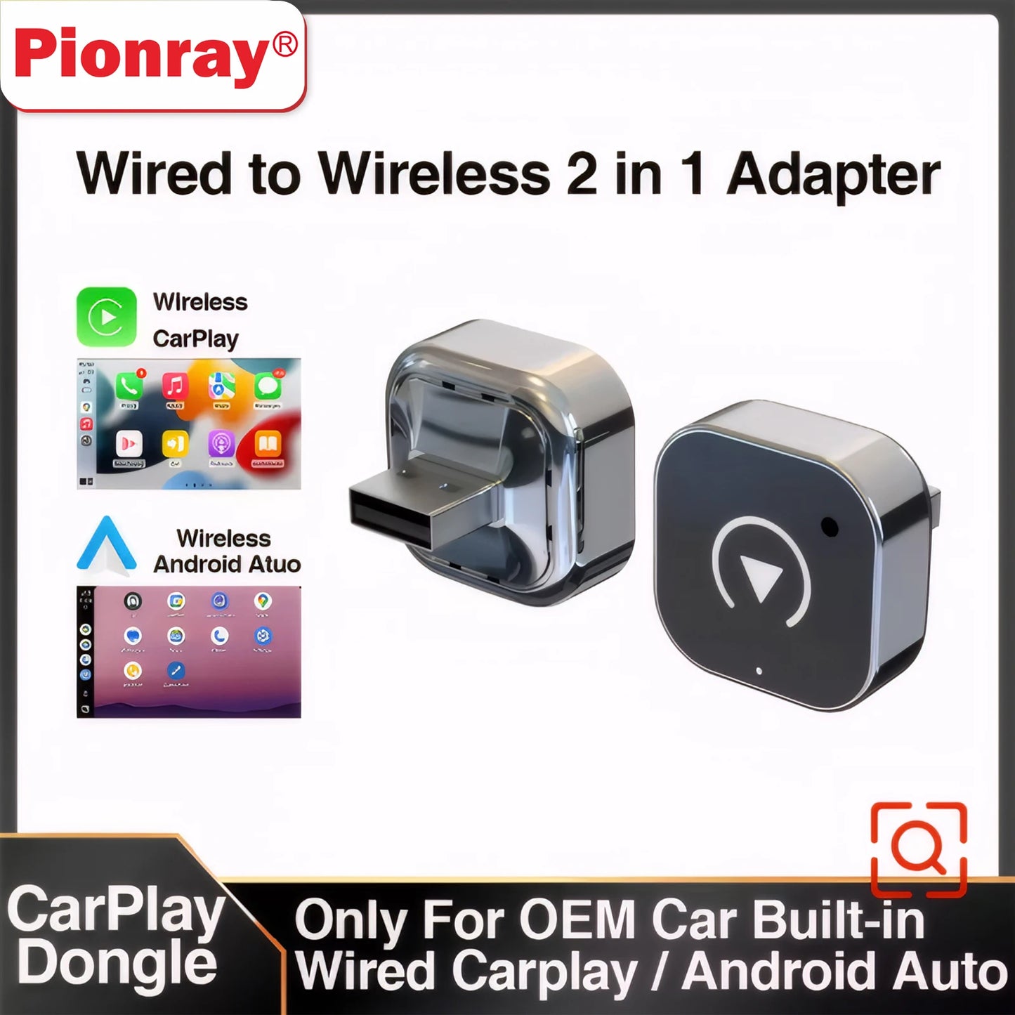 Pionray 2-in-1 Wireless CarPlay Adapter – Android Auto, AI Smart Box for All Cars