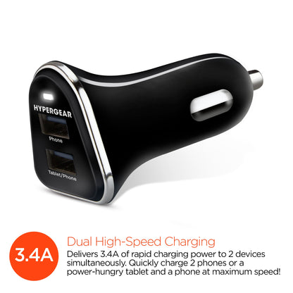 HyperGear Hi Power Dual USB Car Charger 3.4A Fast Charging