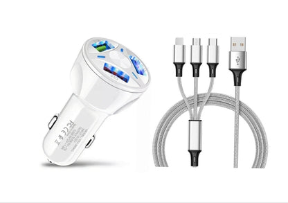 3 Port Fast Car Charger with LED + 3 in 1 Charging Cable Combo Silver
