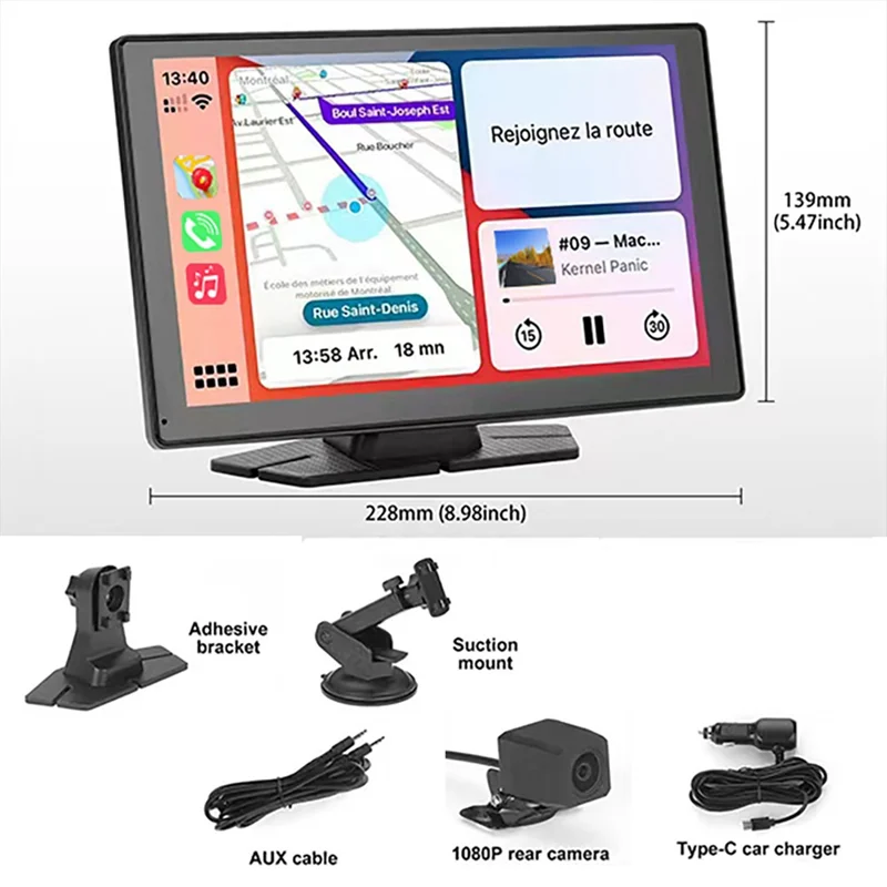Wireless Carplay Car Stereo, 9 Inch Portable Car Audio With Front Rear 4K+1080P Dual Camera Dash Cam, Carplay Screen