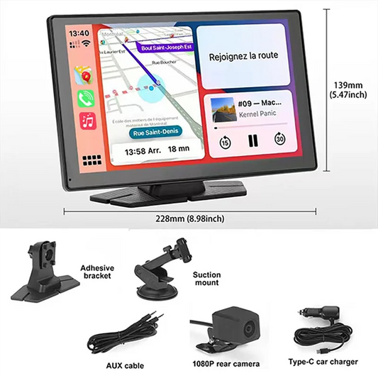 Wireless Carplay Car Stereo, 9 Inch Portable Car Audio With Front Rear 4K+1080P Dual Camera Dash Cam, Carplay Screen