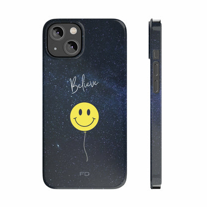 Smiley Face in Space "Believe" Slim iPhone 14 Case
