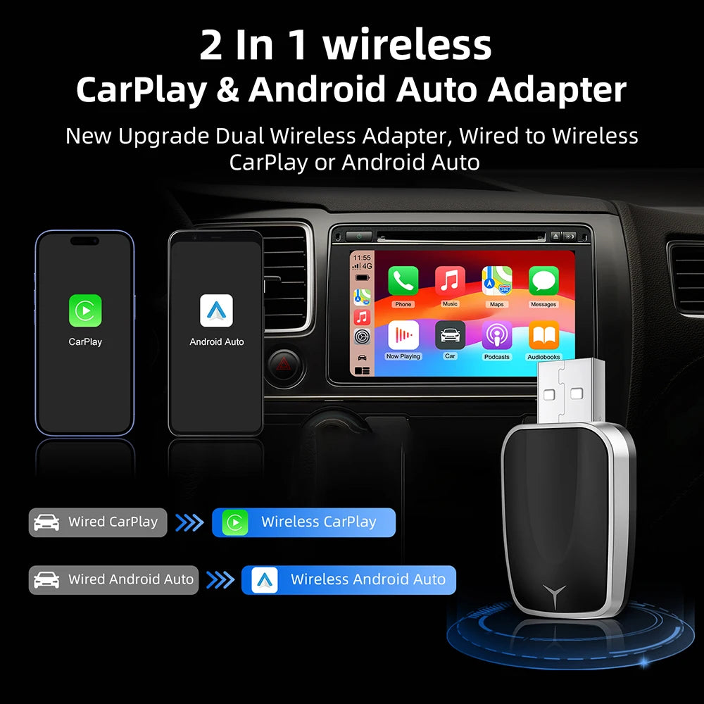 2-in-1 AI Car Adapter – Wired to Wireless CarPlay & Android Auto, WiFi Smart Dongle, Plug & Play