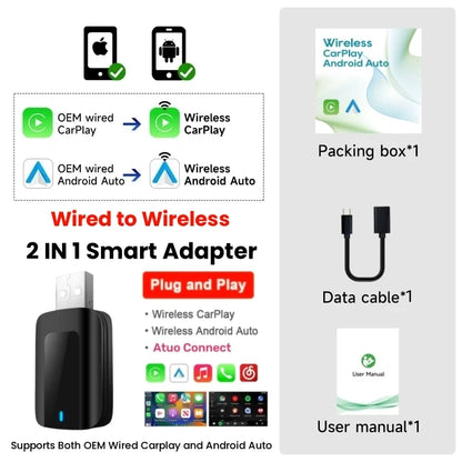 2-in-1 AI Car Adapter – Wired to Wireless CarPlay & Android Auto, WiFi Smart Dongle, Plug & Play