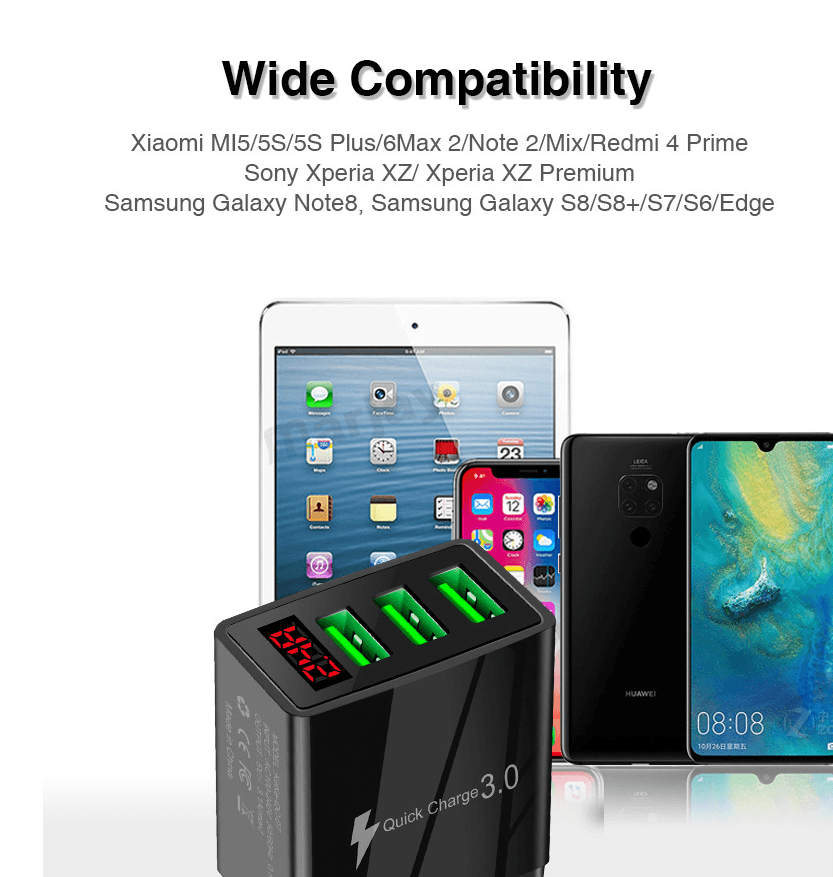 3-Port USB Quick Wall Charger with LED Display