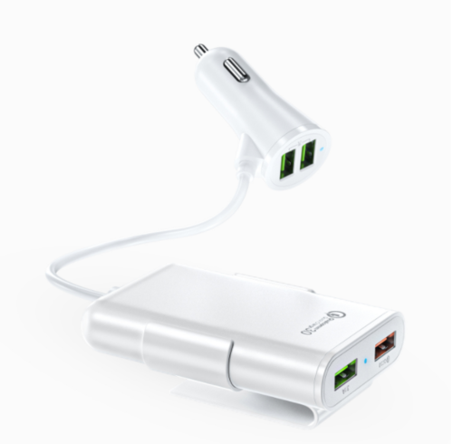 Back Seat Car Charger with 4 USB Ports QC3.0 Fast Charging & Clip Holder