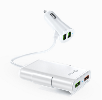 Back Seat Car Charger with 4 USB Ports QC3.0 Fast Charging & Clip Holder