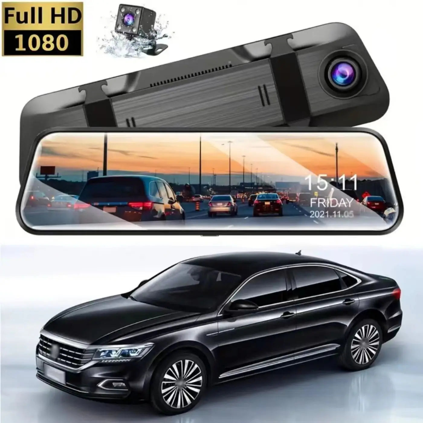 10" Touchscreen Mirror Dash Cam 1080P Front & Rear, G Sensor, Loop Recording
