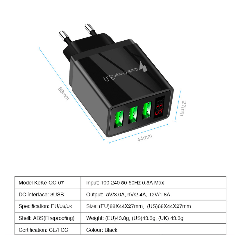 3-Port USB Quick Wall Charger with LED Display