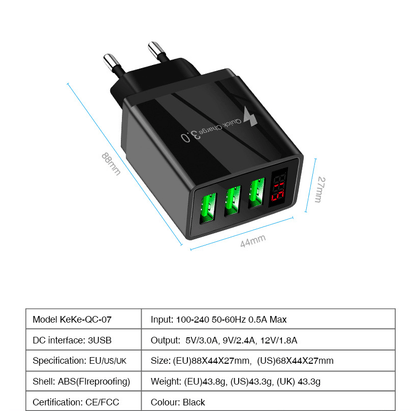 3-Port USB Quick Wall Charger with LED Display