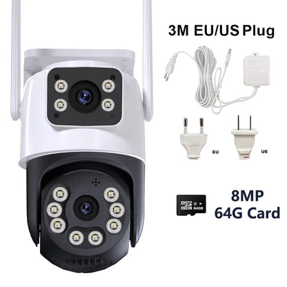 8MP 4K iCSee WiFi Camera PTZ Dual Screens Auto Tracking Night Vision CCTV Surveillance Camera Outdoor 6MP Security IP Camera
