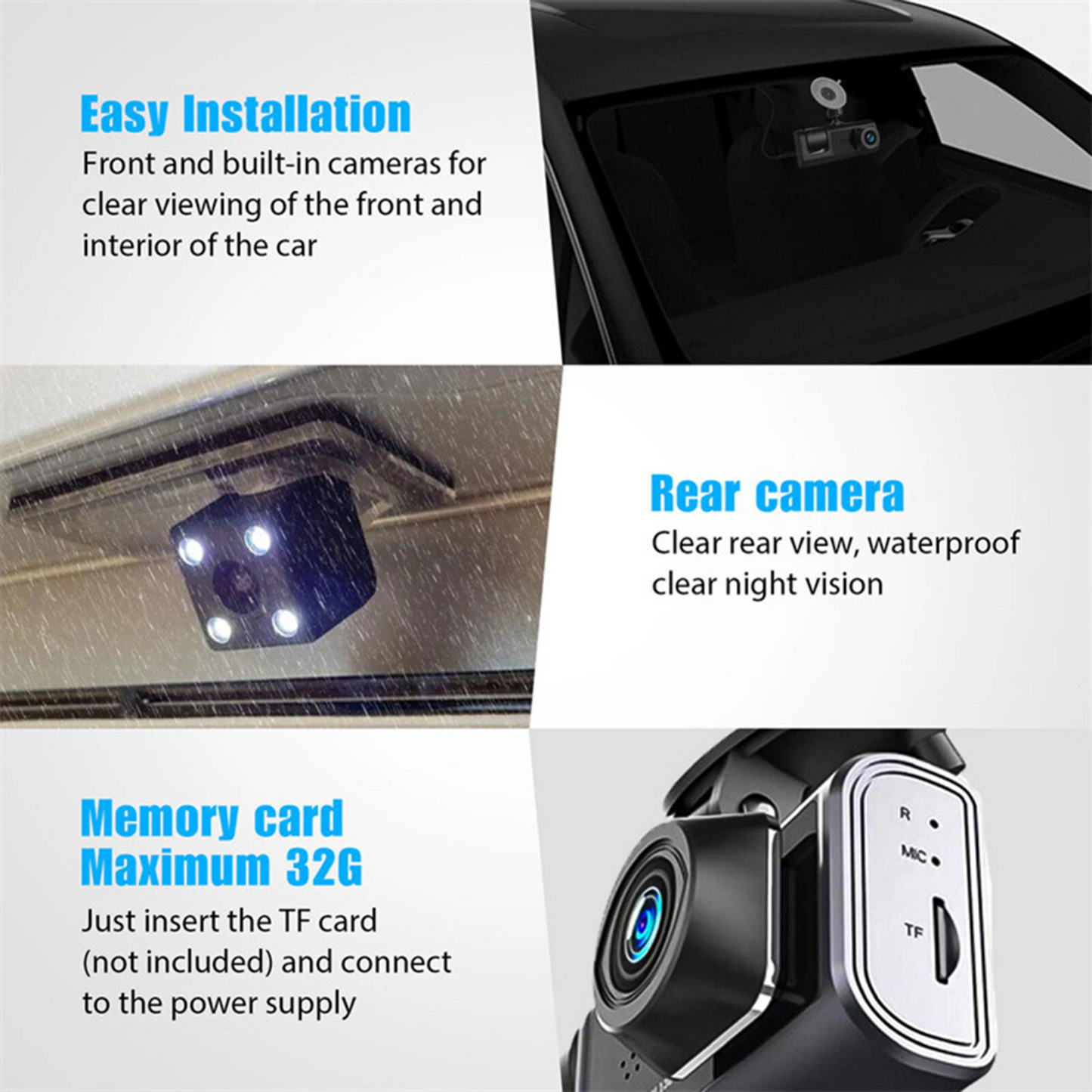 1080P Triple Lens Dash Cam with Front, Rear & Cabin Cameras