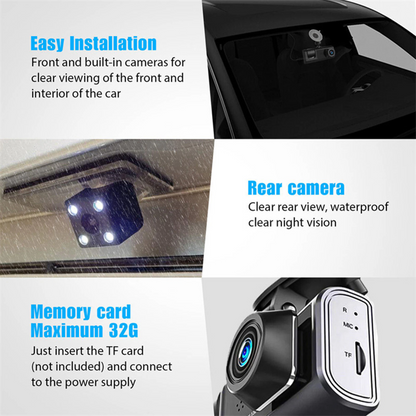 1080P Triple Lens Dash Cam with Front, Rear & Cabin Cameras