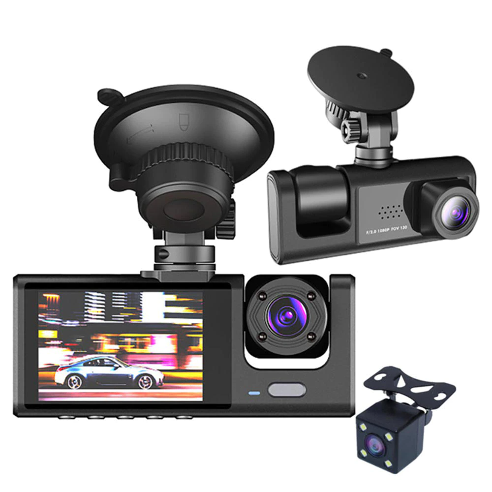 1080P Triple Lens Dash Cam with Front, Rear & Cabin Cameras