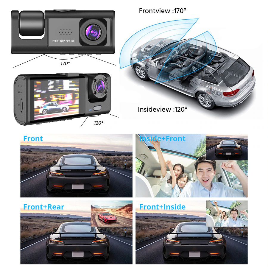 1080P Triple Lens Dash Cam with Front, Rear & Cabin Cameras