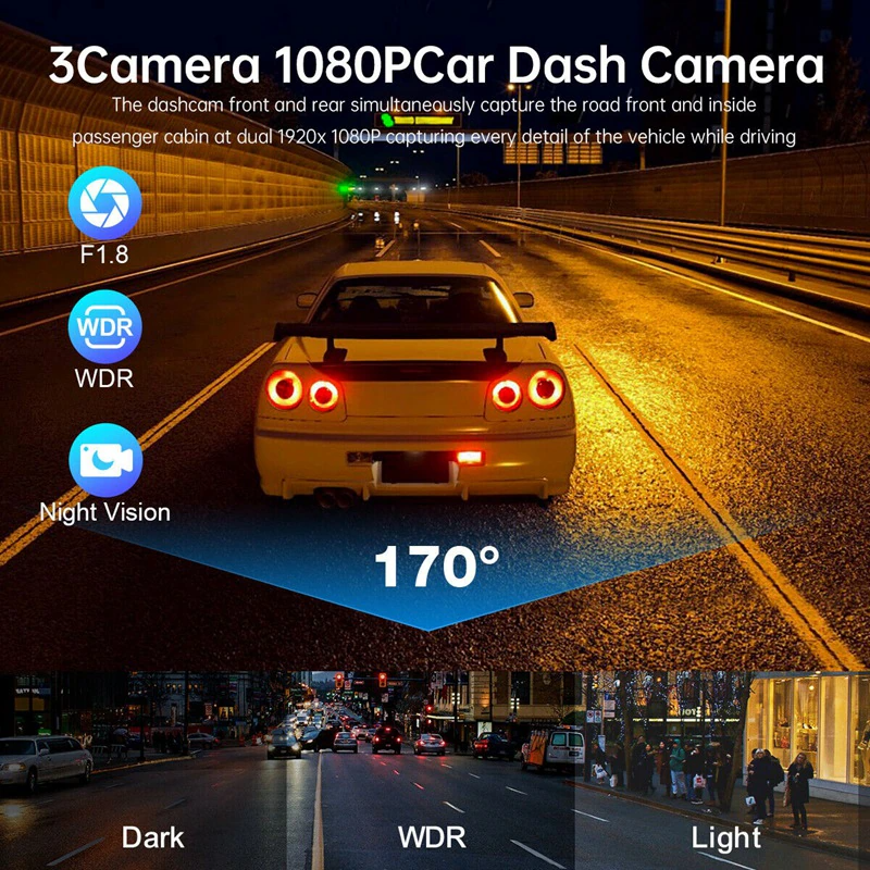 1080P Triple Lens Dash Cam with Front, Rear & Cabin Cameras