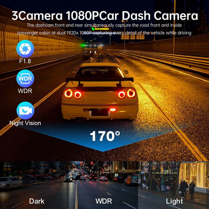 1080P Triple Lens Dash Cam with Front, Rear & Cabin Cameras