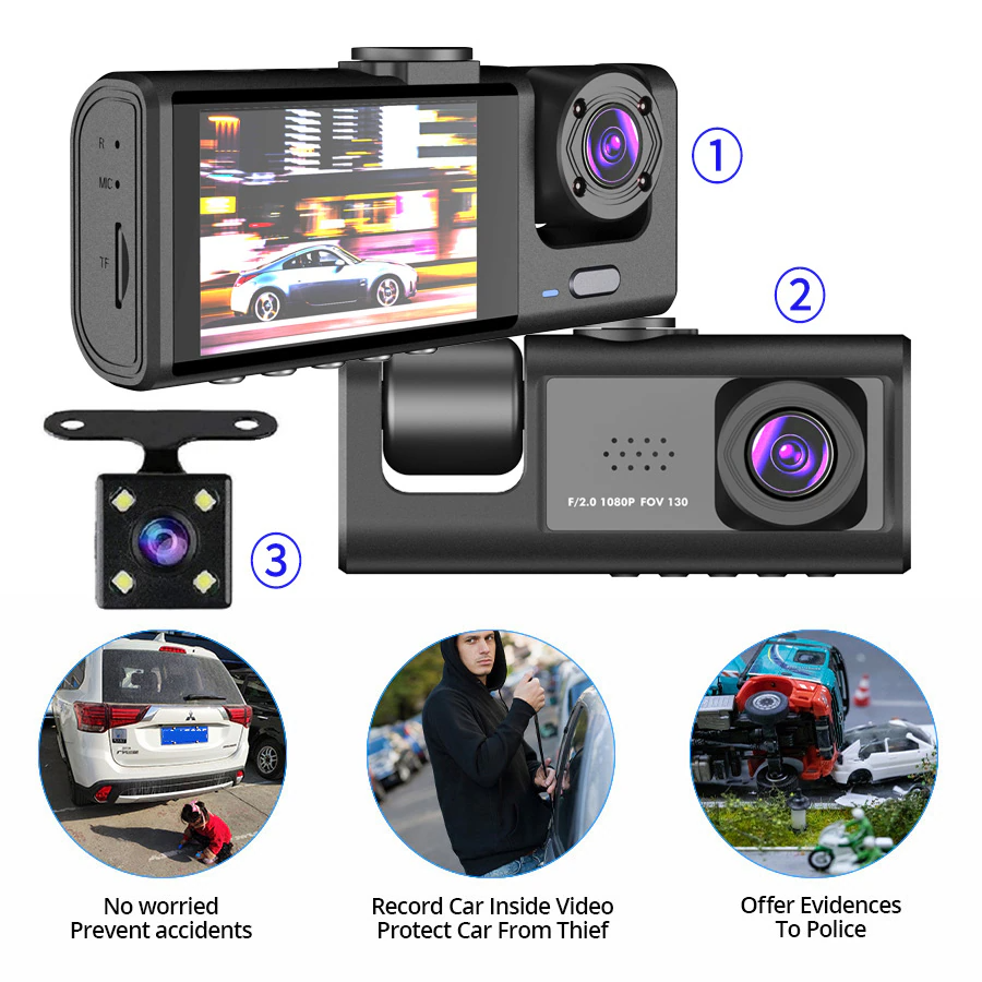 1080P Triple Lens Dash Cam with Front, Rear & Cabin Cameras
