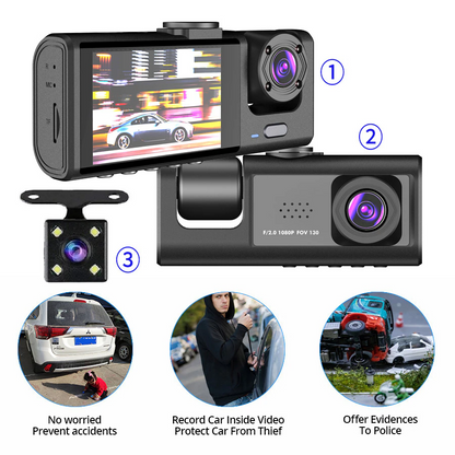 1080P Triple Lens Dash Cam with Front, Rear & Cabin Cameras