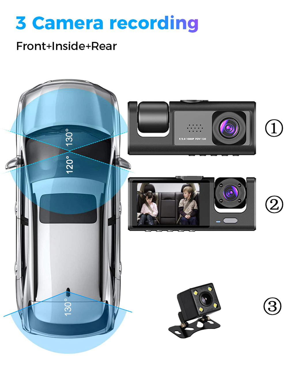 1080P Triple Lens Dash Cam with Front, Rear & Cabin Cameras