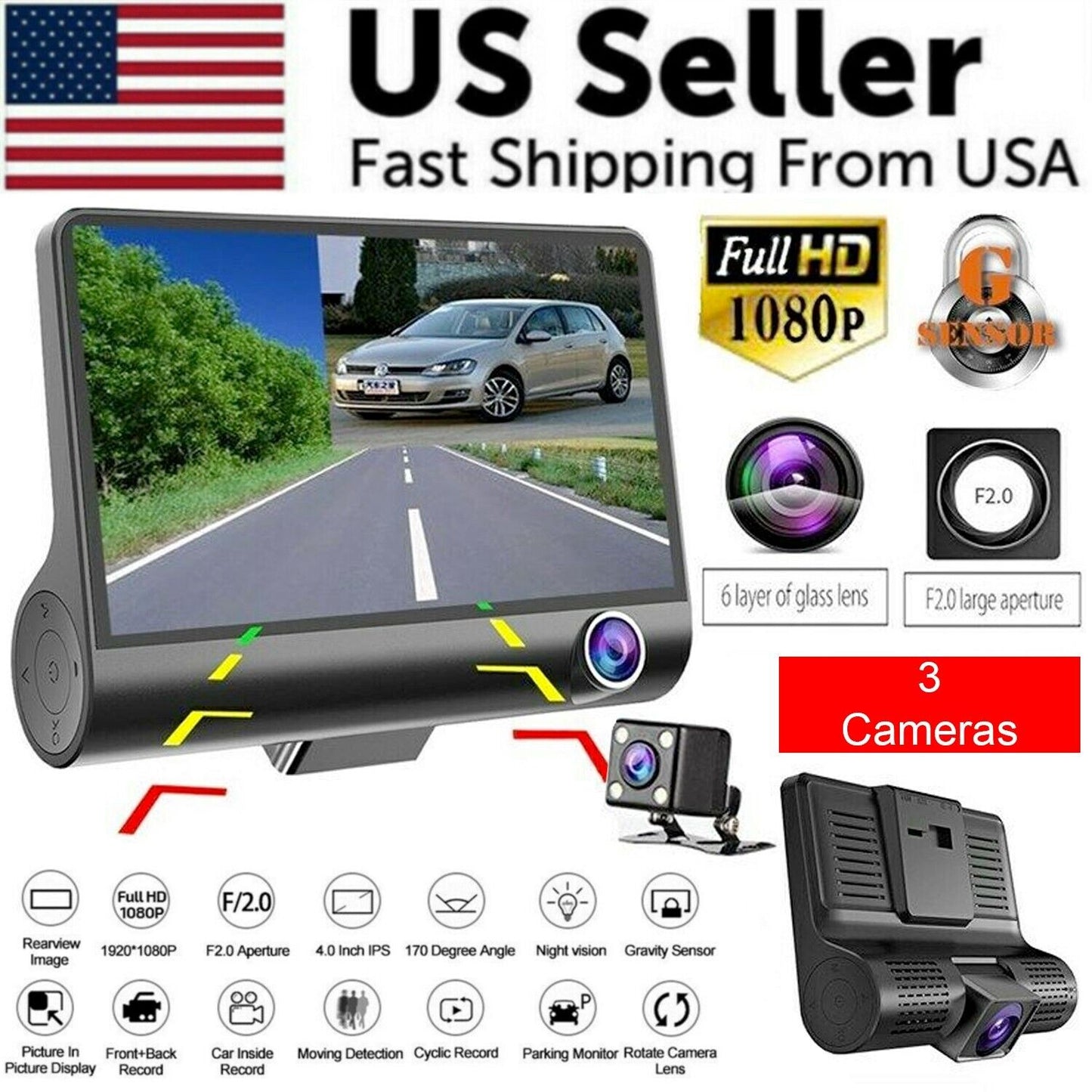 1080P 4" Dual Lens HD Dash Cam with Rearview Camera, G Sensor, and Night Vision