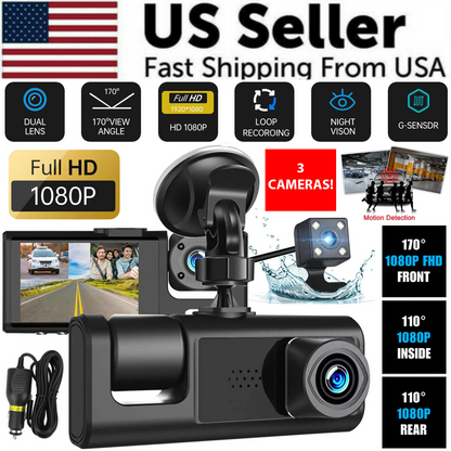 1080P Triple Lens Dash Cam with Front, Rear & Cabin Cameras