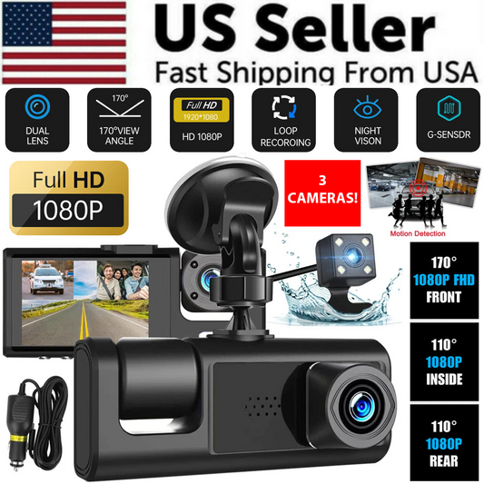 1080P Triple Lens Dash Cam with Front, Rear & Cabin Cameras