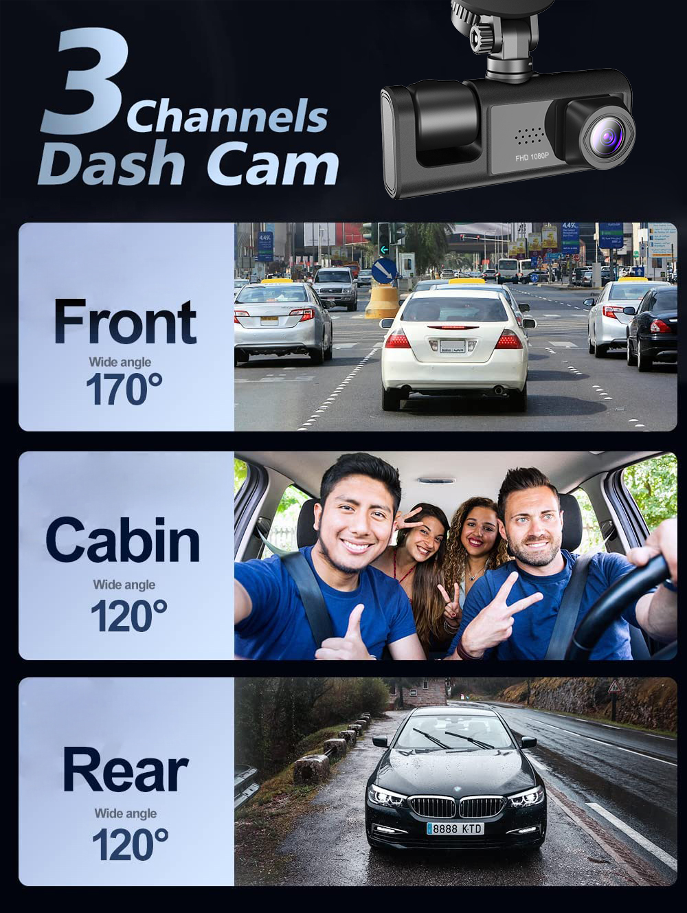 1080P Triple Lens Dash Cam with Front, Rear & Cabin Cameras