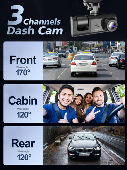 1080P Triple Lens Dash Cam with Front, Rear & Cabin Cameras