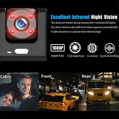 1080P Triple Lens Dash Cam with Front, Rear & Cabin Cameras