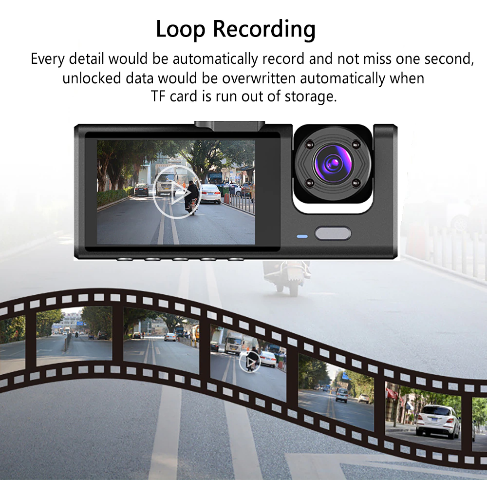 1080P Triple Lens Dash Cam with Front, Rear & Cabin Cameras