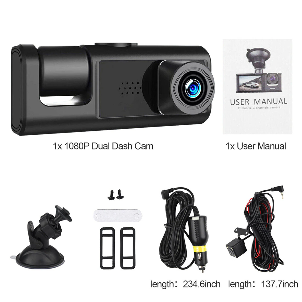 1080P Triple Lens Dash Cam with Front, Rear & Cabin Cameras
