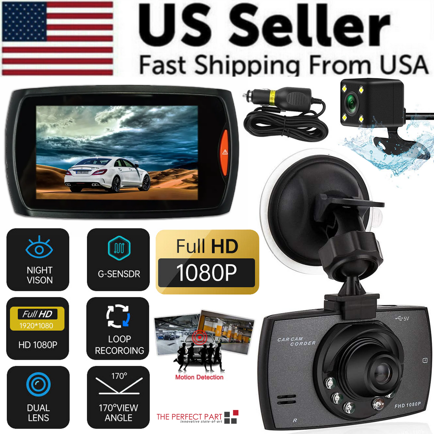 2.7" 1080P Dual Dash Cam with Night Vision & G Sensor