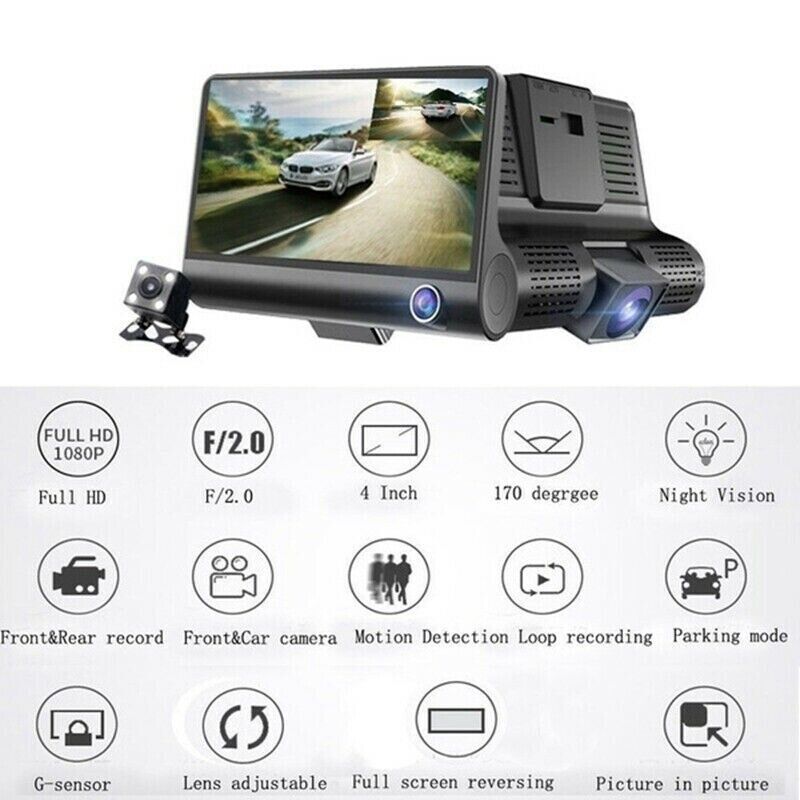 1080P 4" Dual Lens HD Dash Cam with Rearview Camera, G Sensor, and Night Vision