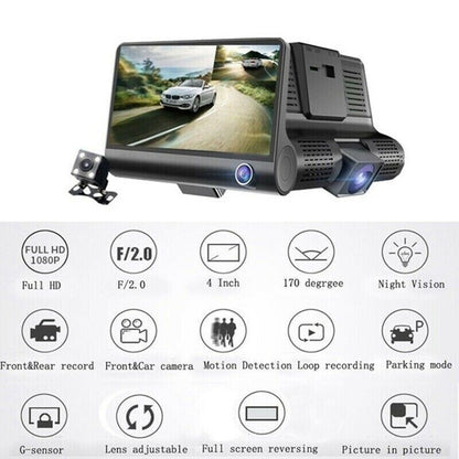 1080P 4" Dual Lens HD Dash Cam with Rearview Camera, G Sensor, and Night Vision
