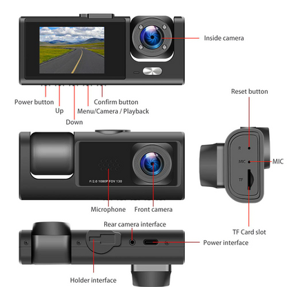 1080P Triple Lens Dash Cam with Front, Rear & Cabin Cameras