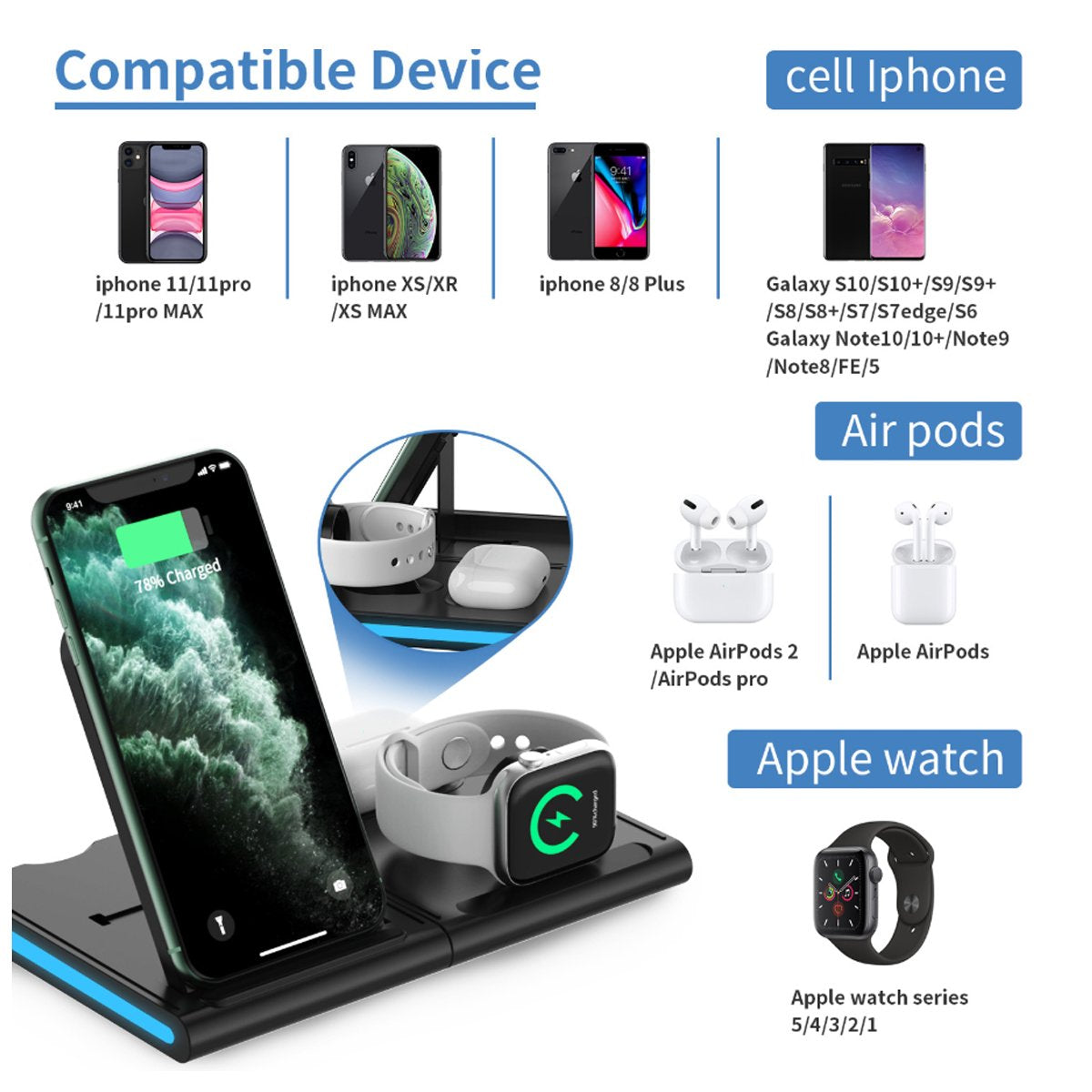 4 in 1 Magnetic Tile Wireless Charging Station for iPhone, AirPods, and Apple Watch