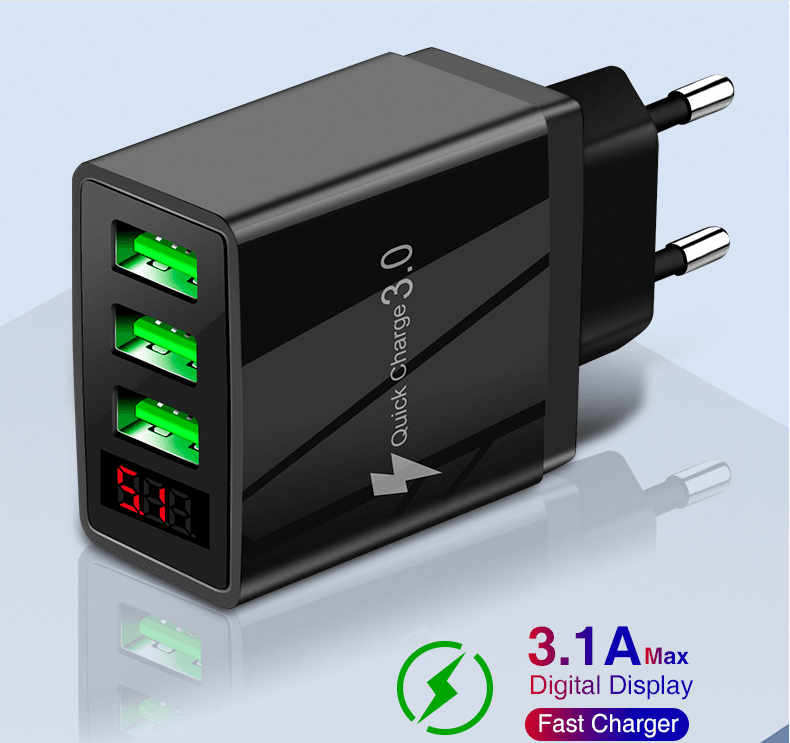 3-Port USB Quick Wall Charger with LED Display