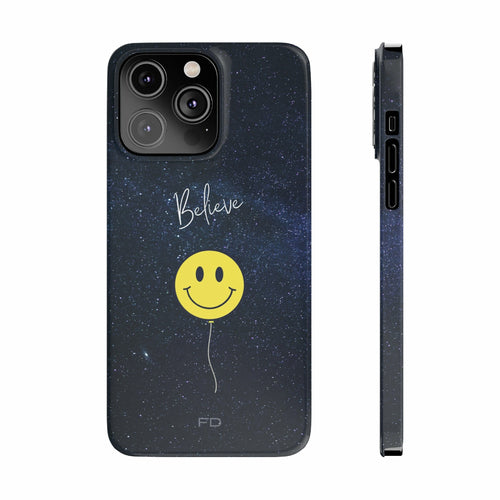 Smiley Face in Space "Believe" Slim iPhone 14 Case