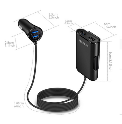 Back Seat Car Charger with 4 USB Ports QC3.0 Fast Charging & Clip Holder