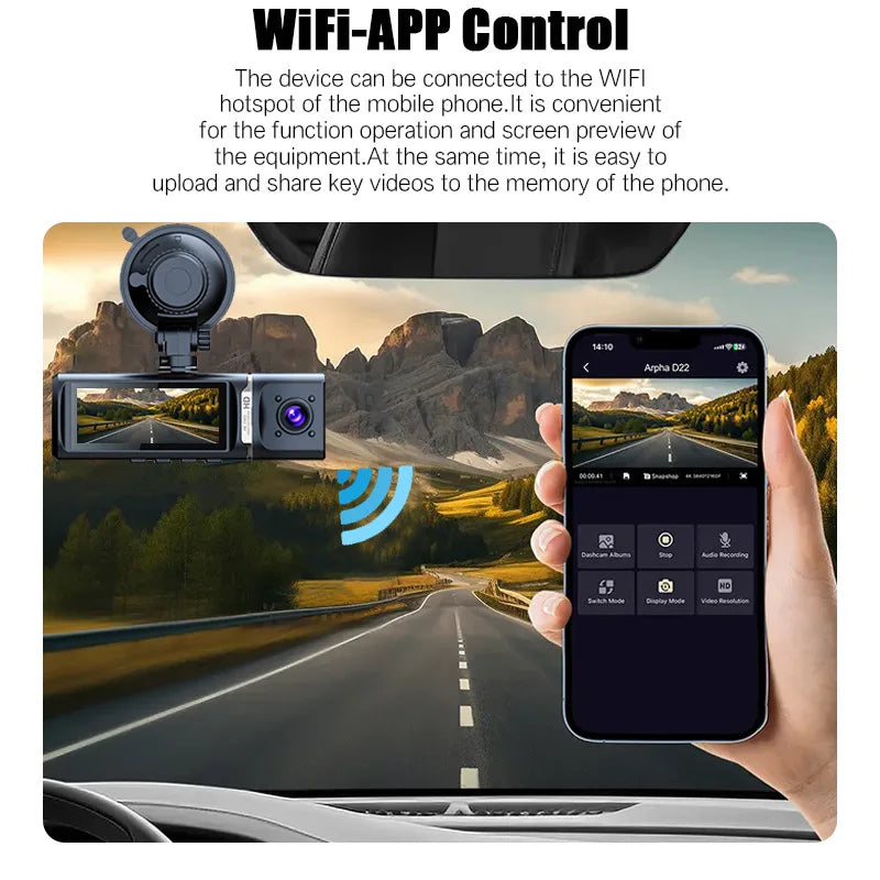 4K UHD 3 Channel Dash Cam with 5G WiFi, Night Vision, GPS & Loop Recording