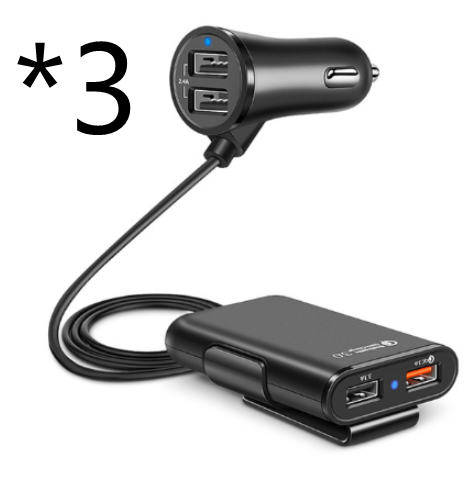 Back Seat Car Charger with 4 USB Ports QC3.0 Fast Charging & Clip Holder
