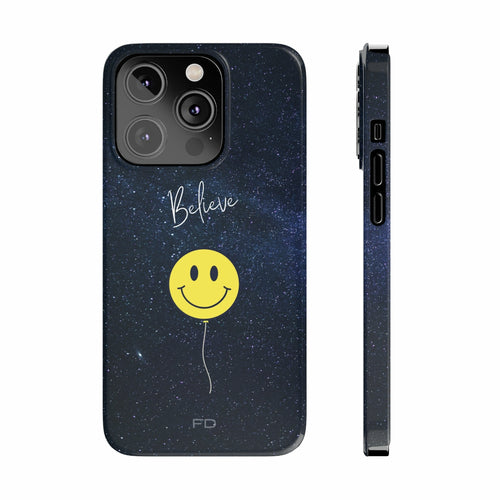 Smiley Face in Space "Believe" Slim iPhone 14 Case
