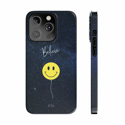 Smiley Face in Space "Believe" Slim iPhone 14 Case